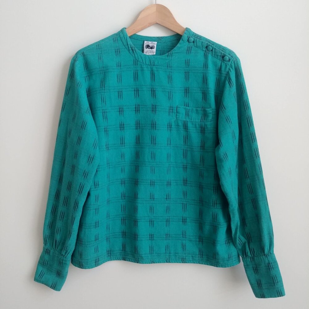 Las Manos Handwovens 100% cotton Large teal blue green blouse top shirt